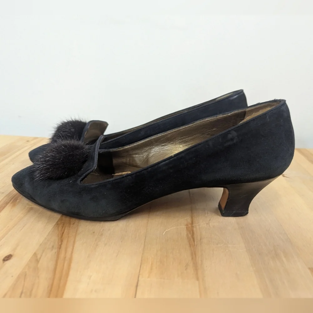 Vintage YSL Yves Saint Laurent Black Suede Shoes Low Heel Mink Pom Pom 9.5N 8